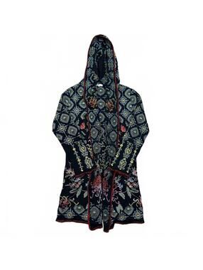 Adore Embroidered Hooded Cardigan Duster Sweater Boho Floral Black Size Small